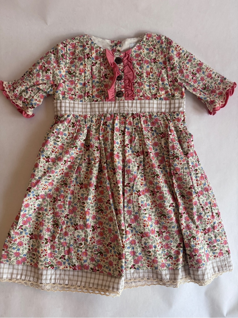 Girls Pink Floral Ruffle Cotton Dress with Gingham Trim